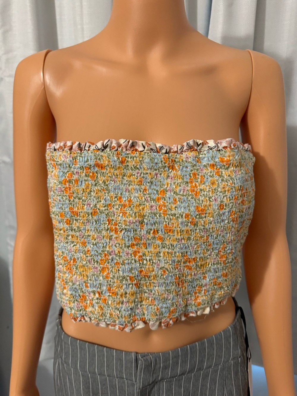 Cool American Eagle size L white multi color floral strapless smocked crop shirt